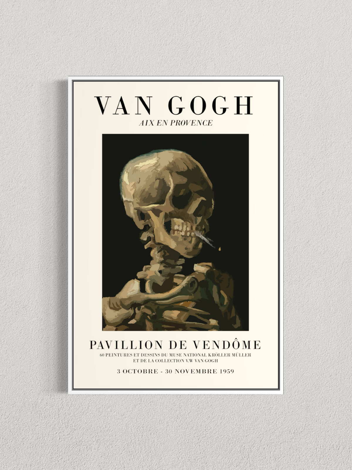 Tête de squelette fumant une cigarette – Affiche style exposition Van Gogh