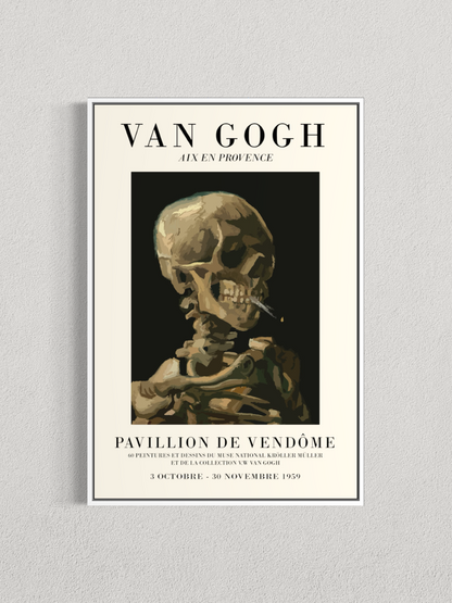 Tête de squelette fumant une cigarette – Affiche style exposition Van Gogh