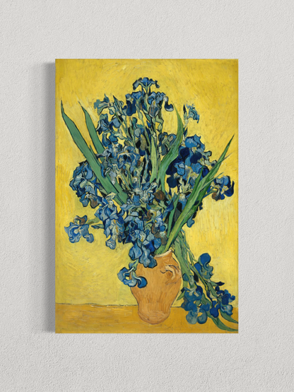 Iris bleus sur fond jaune – Affiche d’art postimpressionniste