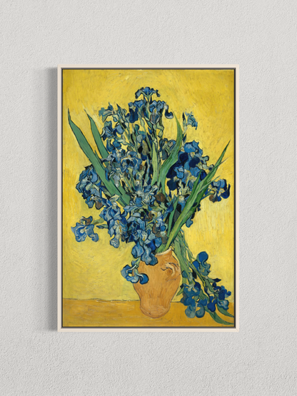 Iris bleus sur fond jaune – Affiche d’art postimpressionniste