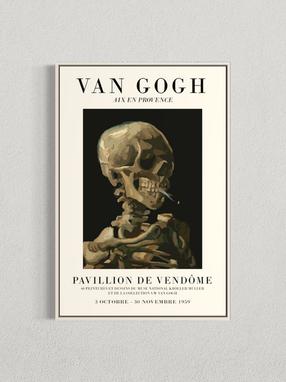 Tête de squelette fumant une cigarette – Affiche style exposition Van Gogh