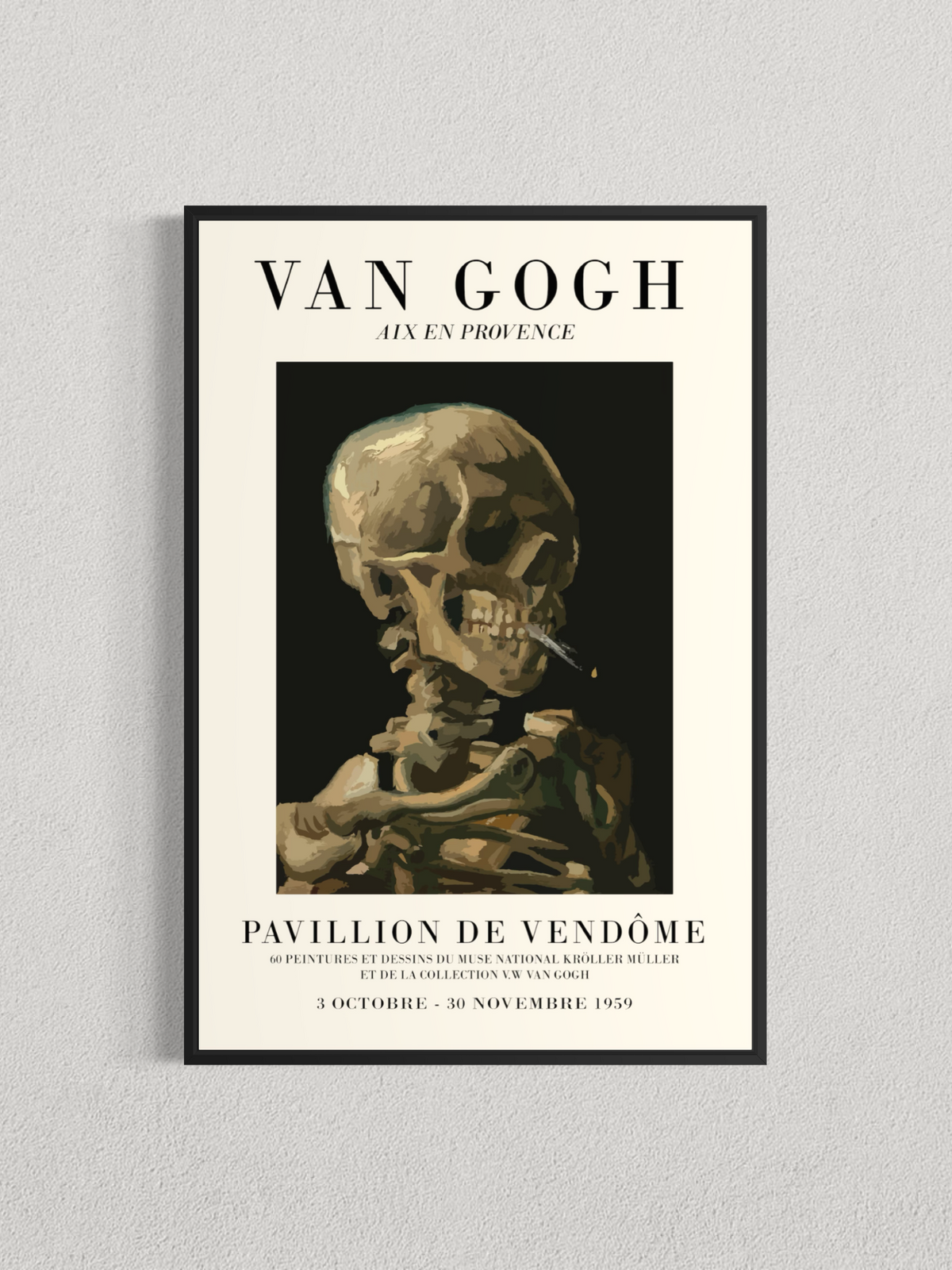 Tête de squelette fumant une cigarette – Affiche style exposition Van Gogh