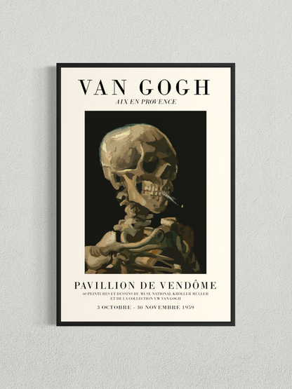 Tête de squelette fumant une cigarette – Affiche style exposition Van Gogh