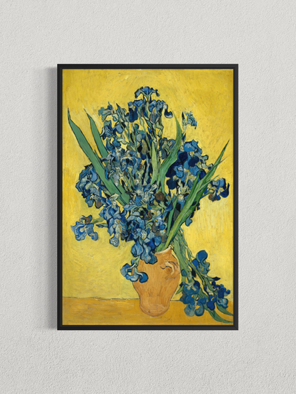 Iris bleus sur fond jaune – Affiche d’art postimpressionniste