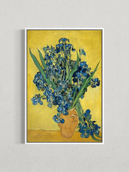 Iris bleus sur fond jaune – Affiche d’art postimpressionniste