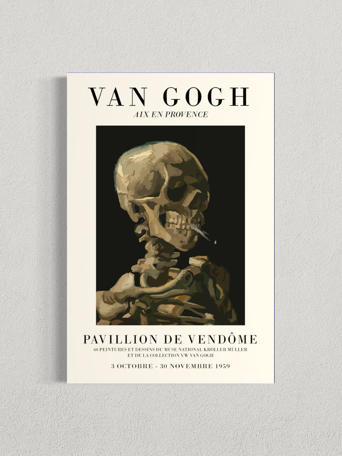 Tête de squelette fumant une cigarette – Affiche style exposition Van Gogh