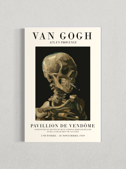 Tête de squelette fumant une cigarette – Affiche style exposition Van Gogh